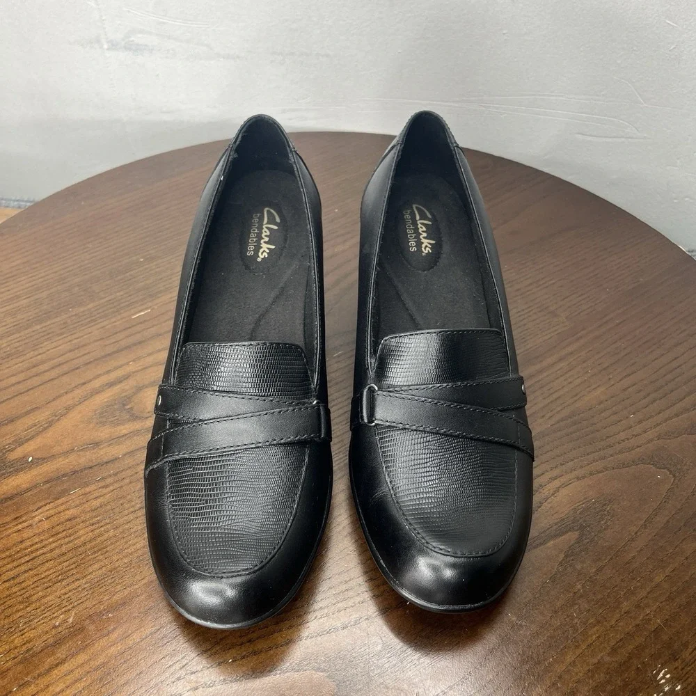 Clarks Bendables Shoes Women's 8.5M Black Leather‎ Pump Heel Block Heel Career
